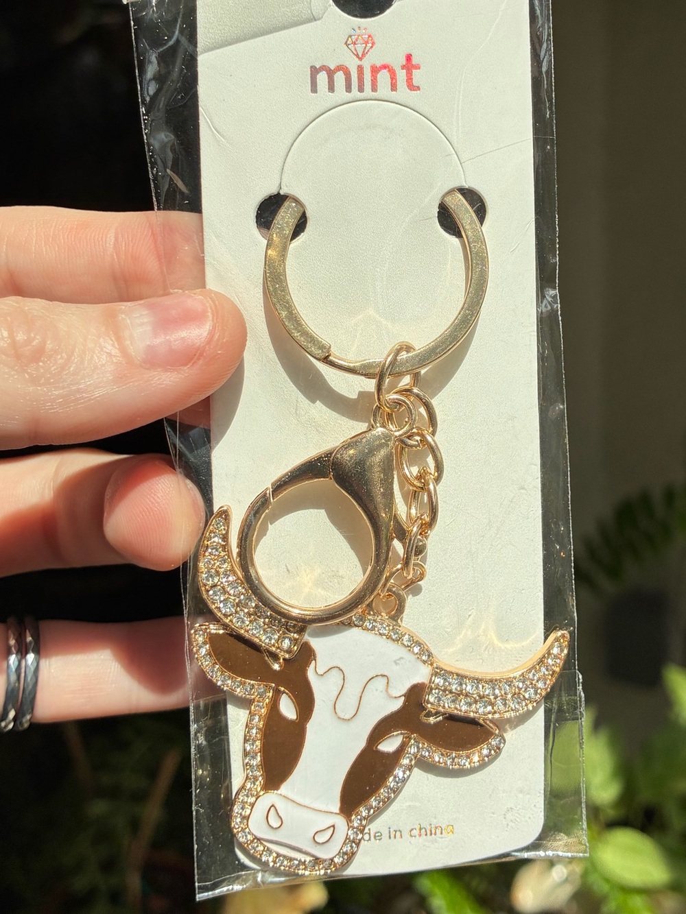 Mint Rhinestone Cow Skull Keychain Purse Charm Gold Tone